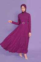 Tesettür giyim FUŞYA ALVİNA NAKIŞ DETAYLI KEMERLİ ELBİSE 40585