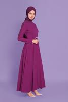 Tesettür giyim FUŞYA ALVİNA NAKIŞ DETAYLI KEMERLİ ELBİSE 40585