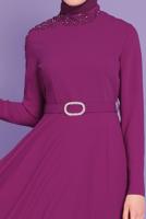 Tesettür giyim FUŞYA ALVİNA NAKIŞ DETAYLI KEMERLİ ELBİSE 40585