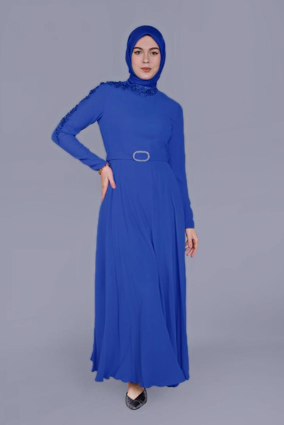 Tesettür giyim LACİVERT ALVİNA NAKIŞ DETAYLI KEMERLİ ELBİSE 40585