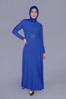 Tesettür giyim LACİVERT ALVİNA NAKIŞ DETAYLI KEMERLİ ELBİSE 40585
