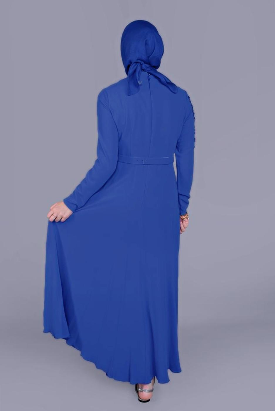 Tesettür giyim LACİVERT ALVİNA NAKIŞ DETAYLI KEMERLİ ELBİSE 40585