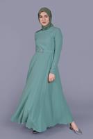 Tesettür giyim YEŞİL ALVİNA NAKIŞ DETAYLI KEMERLİ ELBİSE 40585