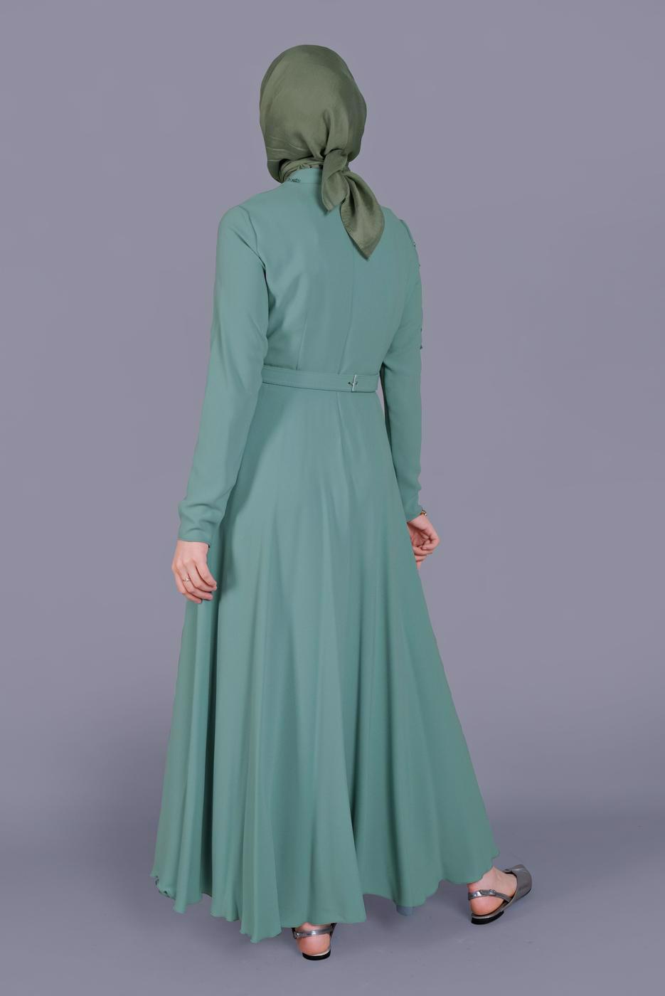 Tesettür giyim YEŞİL ALVİNA NAKIŞ DETAYLI KEMERLİ ELBİSE 40585