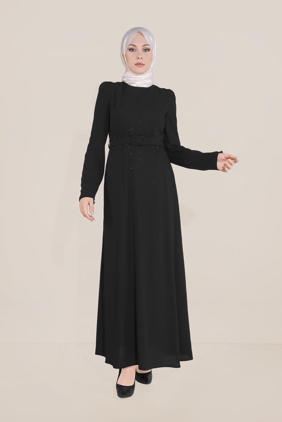 Tesettür giyim SİYAH ALVİNA İŞLEMELİ KEMERLİ ELBİSE T 40586