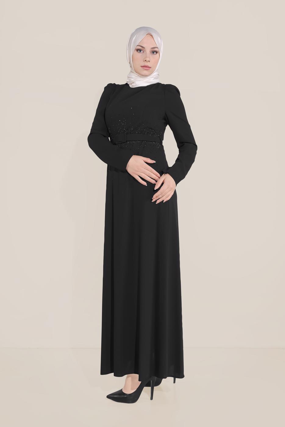 Tesettür giyim SİYAH ALVİNA İŞLEMELİ KEMERLİ ELBİSE T 40586