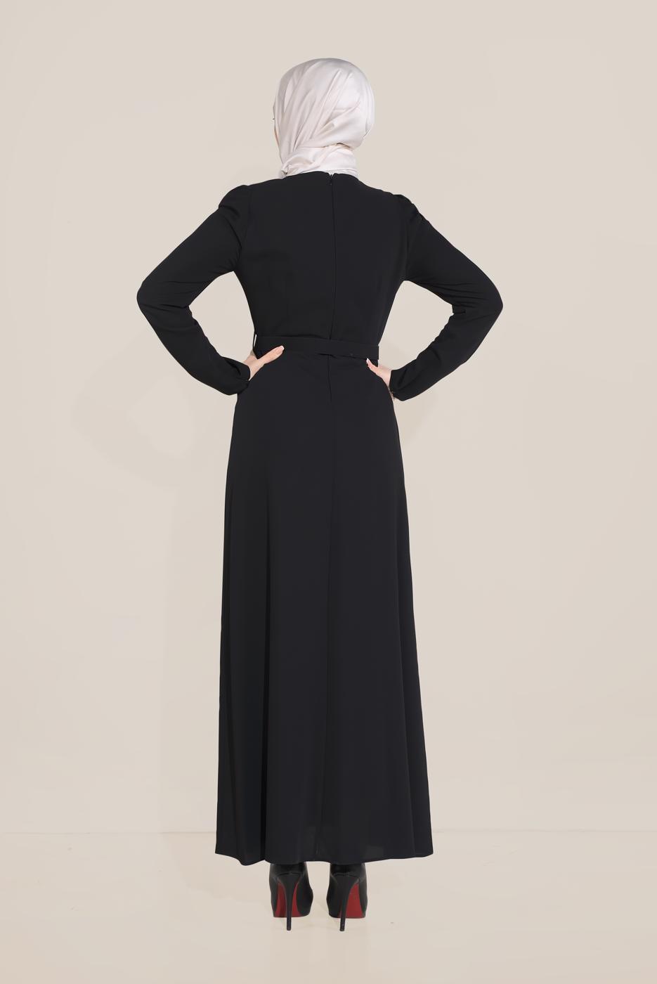 Tesettür giyim SİYAH ALVİNA İŞLEMELİ KEMERLİ ELBİSE T 40586