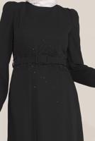Tesettür giyim SİYAH ALVİNA İŞLEMELİ KEMERLİ ELBİSE T 40586