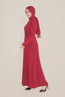 Tesettür giyim KIRMIZI ALVİNA İŞLEMELİ KEMERLİ ELBİSE T 40586
