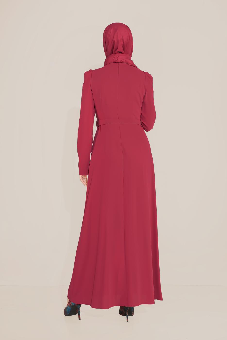 Tesettür giyim KIRMIZI ALVİNA İŞLEMELİ KEMERLİ ELBİSE T 40586