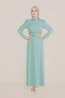 Tesettür giyim YEŞİL ALVİNA İŞLEMELİ KEMERLİ ELBİSE T 40586
