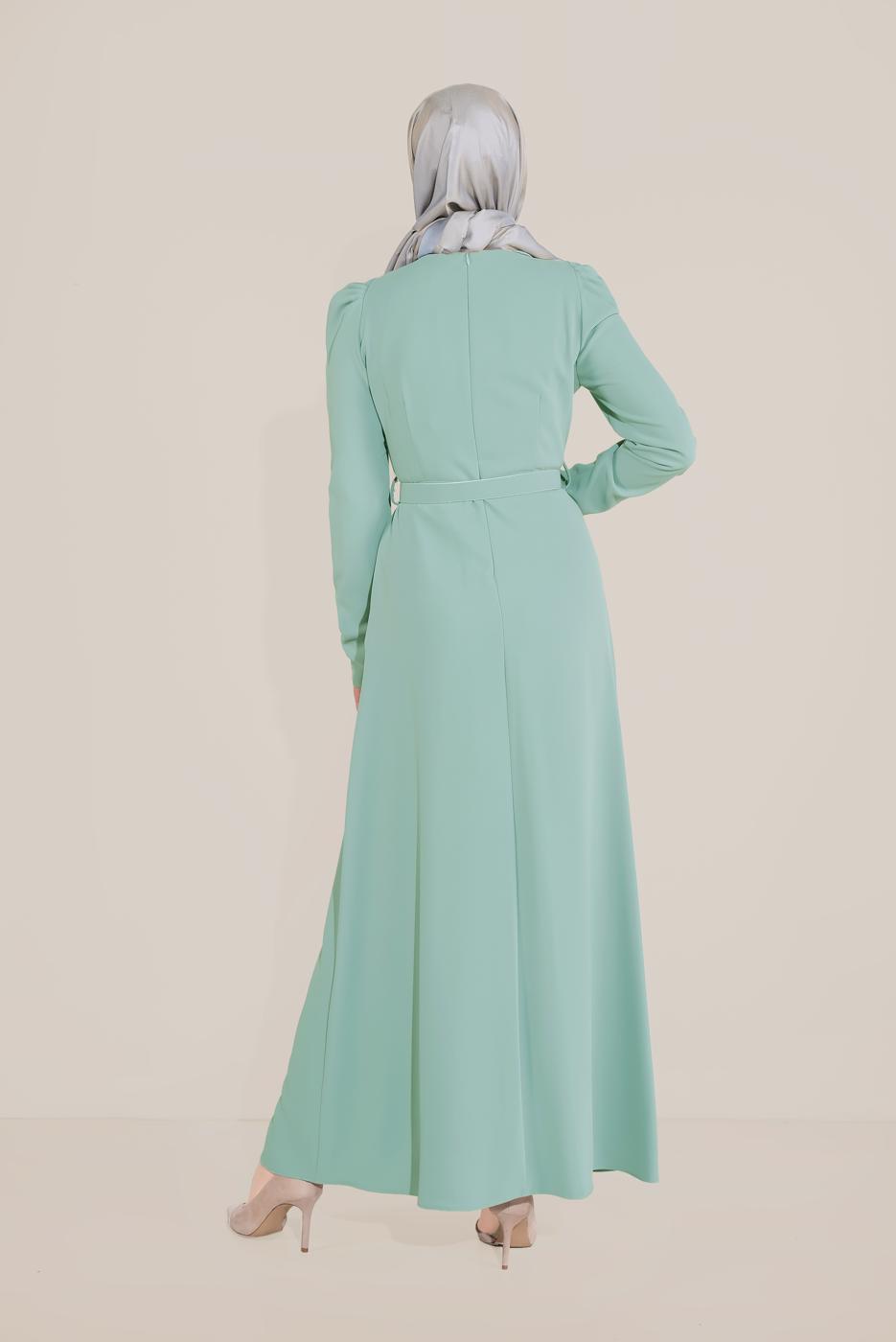 Tesettür giyim YEŞİL ALVİNA İŞLEMELİ KEMERLİ ELBİSE T 40586