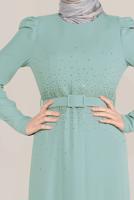 Tesettür giyim YEŞİL ALVİNA İŞLEMELİ KEMERLİ ELBİSE T 40586