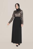 Tesettür giyim SİYAH ALVİNA YAKASI ÇİÇEK BROŞLU DESENLİ ELBİSE T 40598-1