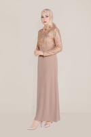 Tesettür giyim PUDRA ALVİNA YAKASI ÇİÇEK BROŞLU DESENLİ ELBİSE T 40598-1
