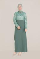 Tesettür giyim YEŞİL ALVİNA YAKASI ÇİÇEK BROŞLU DESENLİ ELBİSE T 40598-1