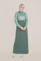 Tesettür giyim YEŞİL ALVİNA YAKASI ÇİÇEK BROŞLU DESENLİ ELBİSE T 40598-1