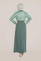 Tesettür giyim YEŞİL ALVİNA YAKASI ÇİÇEK BROŞLU DESENLİ ELBİSE T 40598-1