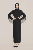 Tesettür giyim SİYAH ALVİNA KOLLARI VE SIRTI PÜSKÜLLÜ KEMERLİ ELBİSE T 40626