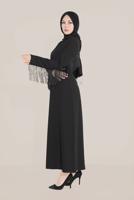 Tesettür giyim SİYAH ALVİNA KOLLARI VE SIRTI PÜSKÜLLÜ KEMERLİ ELBİSE T 40626