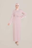 Tesettür giyim PUDRA ALVİNA KOLLARI VE SIRTI PÜSKÜLLÜ KEMERLİ ELBİSE T 40626