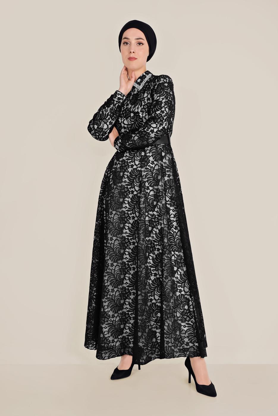 Tesettür giyim SİYAH ALVİNA KEMERLİ DANTEL ELBİSE 40630 