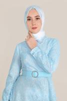 Tesettür giyim MAVİ ALVİNA KEMERLİ DANTEL ELBİSE 40630 