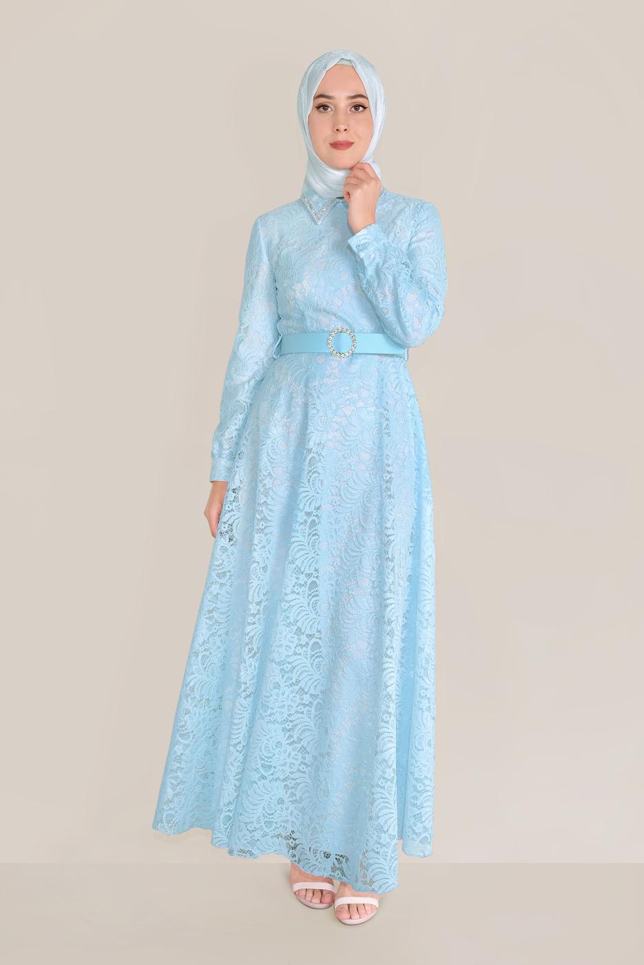 Tesettür giyim MAVİ ALVİNA KEMERLİ DANTEL ELBİSE 40630 