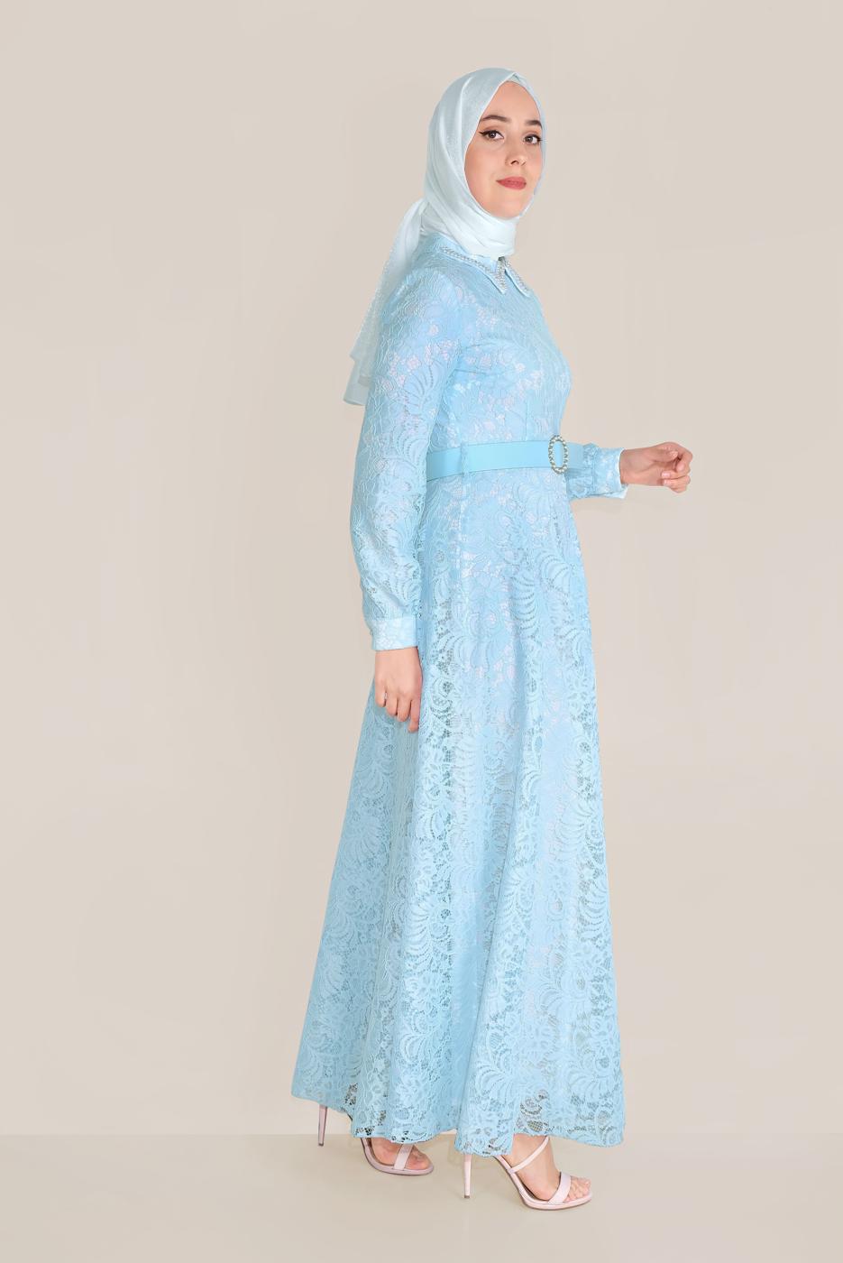 Tesettür giyim MAVİ ALVİNA KEMERLİ DANTEL ELBİSE 40630 