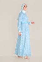 Tesettür giyim MAVİ ALVİNA KEMERLİ DANTEL ELBİSE 40630 