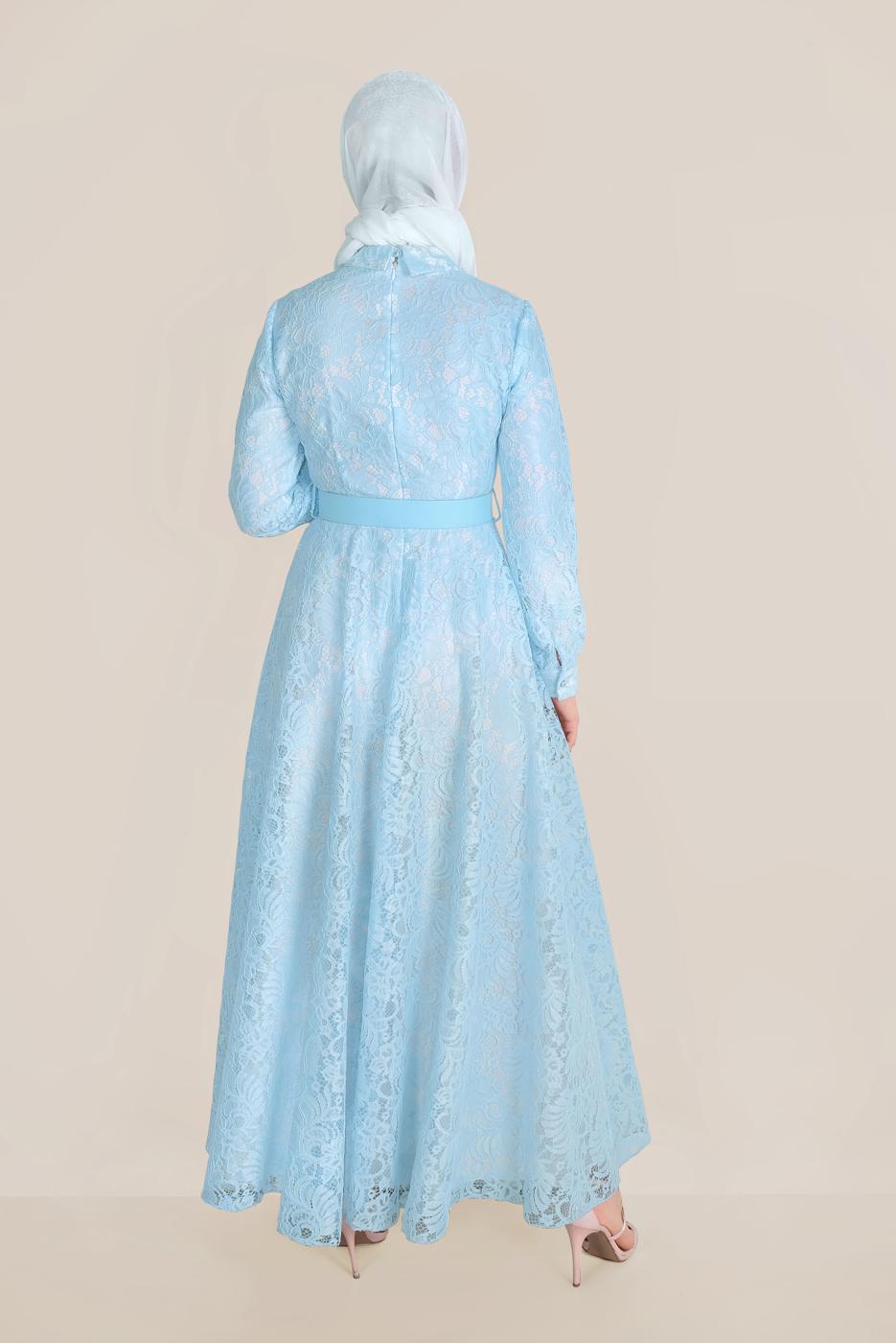 Tesettür giyim MAVİ ALVİNA KEMERLİ DANTEL ELBİSE 40630 