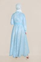 Tesettür giyim MAVİ ALVİNA KEMERLİ DANTEL ELBİSE 40630 