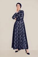 Tesettür giyim LACİVERT ALVİNA KEMERLİ DANTEL ELBİSE 40630 