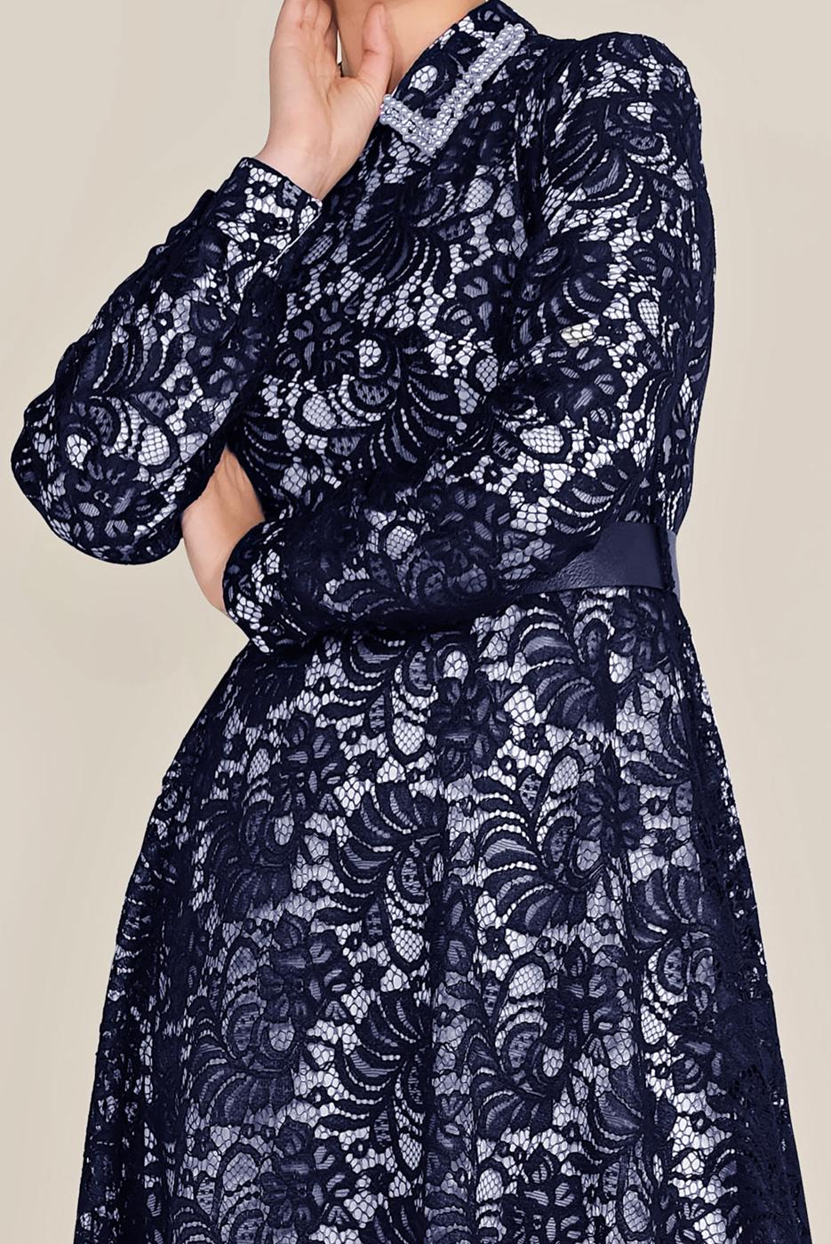 Tesettür giyim LACİVERT ALVİNA KEMERLİ DANTEL ELBİSE 40630 