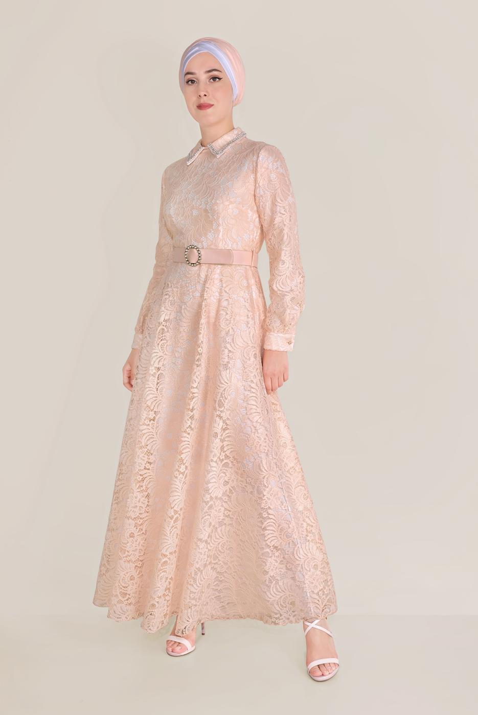 Tesettür giyim PUDRA ALVİNA KEMERLİ DANTEL ELBİSE 40630 