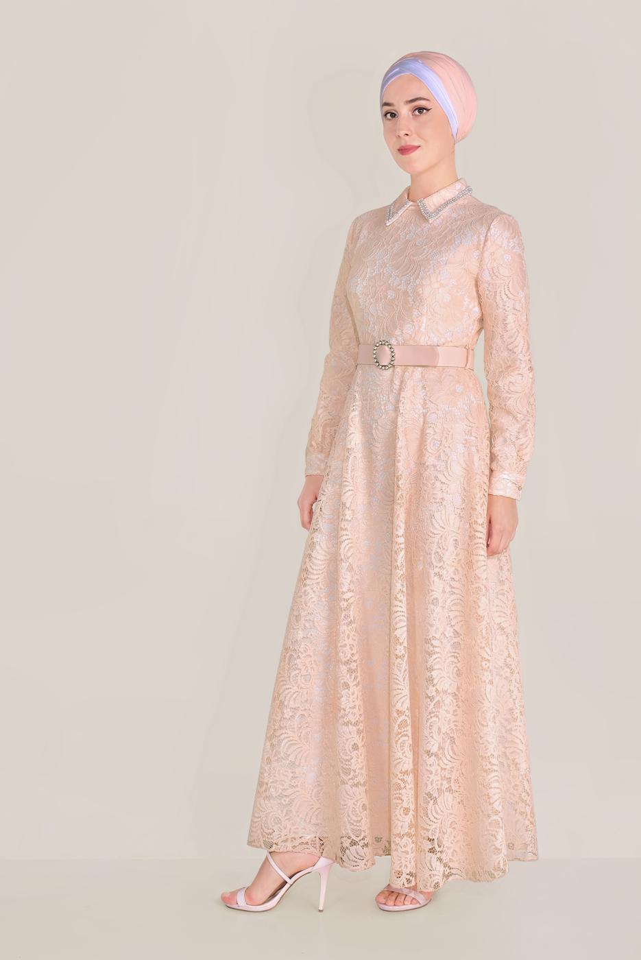 Tesettür giyim PUDRA ALVİNA KEMERLİ DANTEL ELBİSE 40630 
