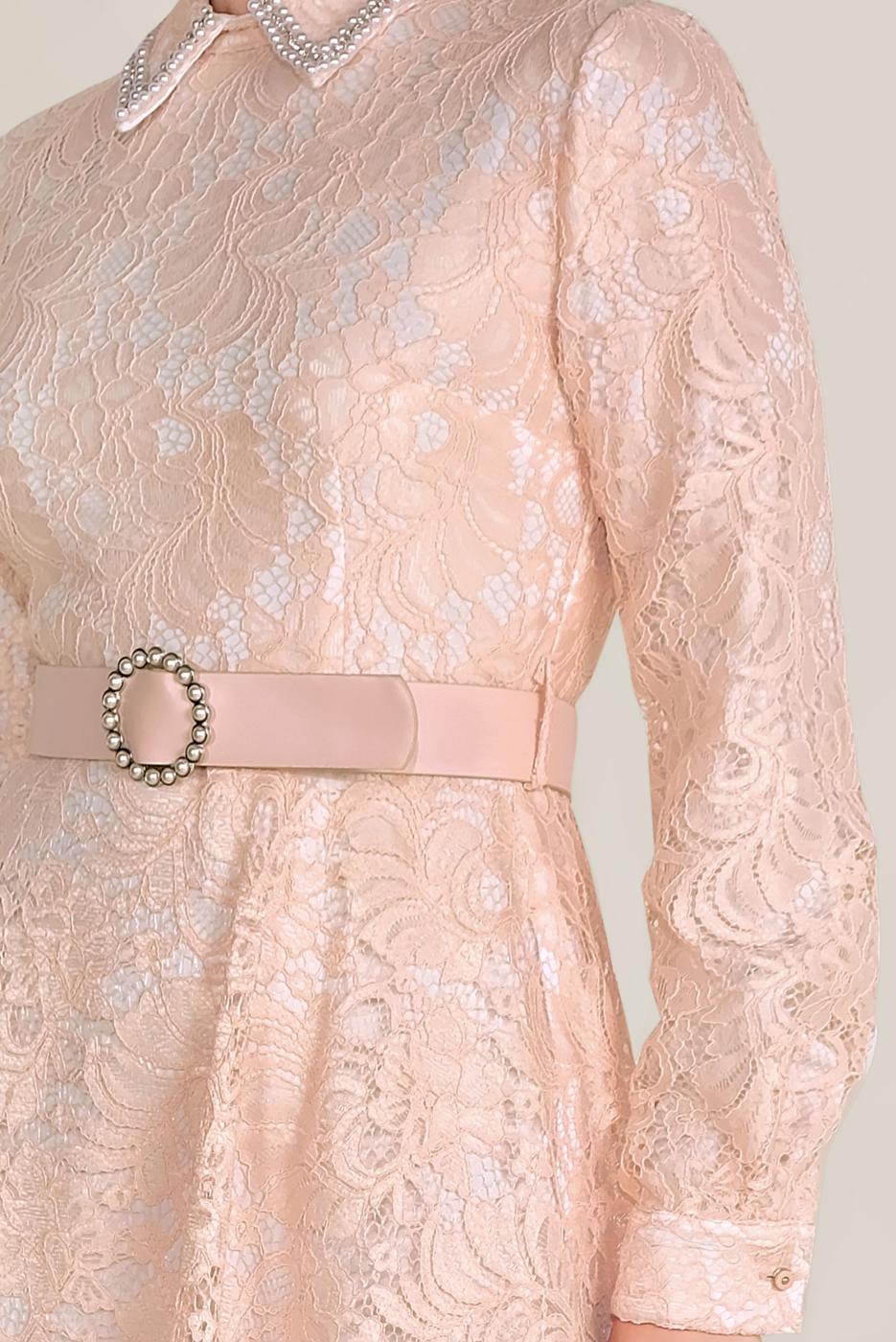 Tesettür giyim PUDRA ALVİNA KEMERLİ DANTEL ELBİSE 40630 