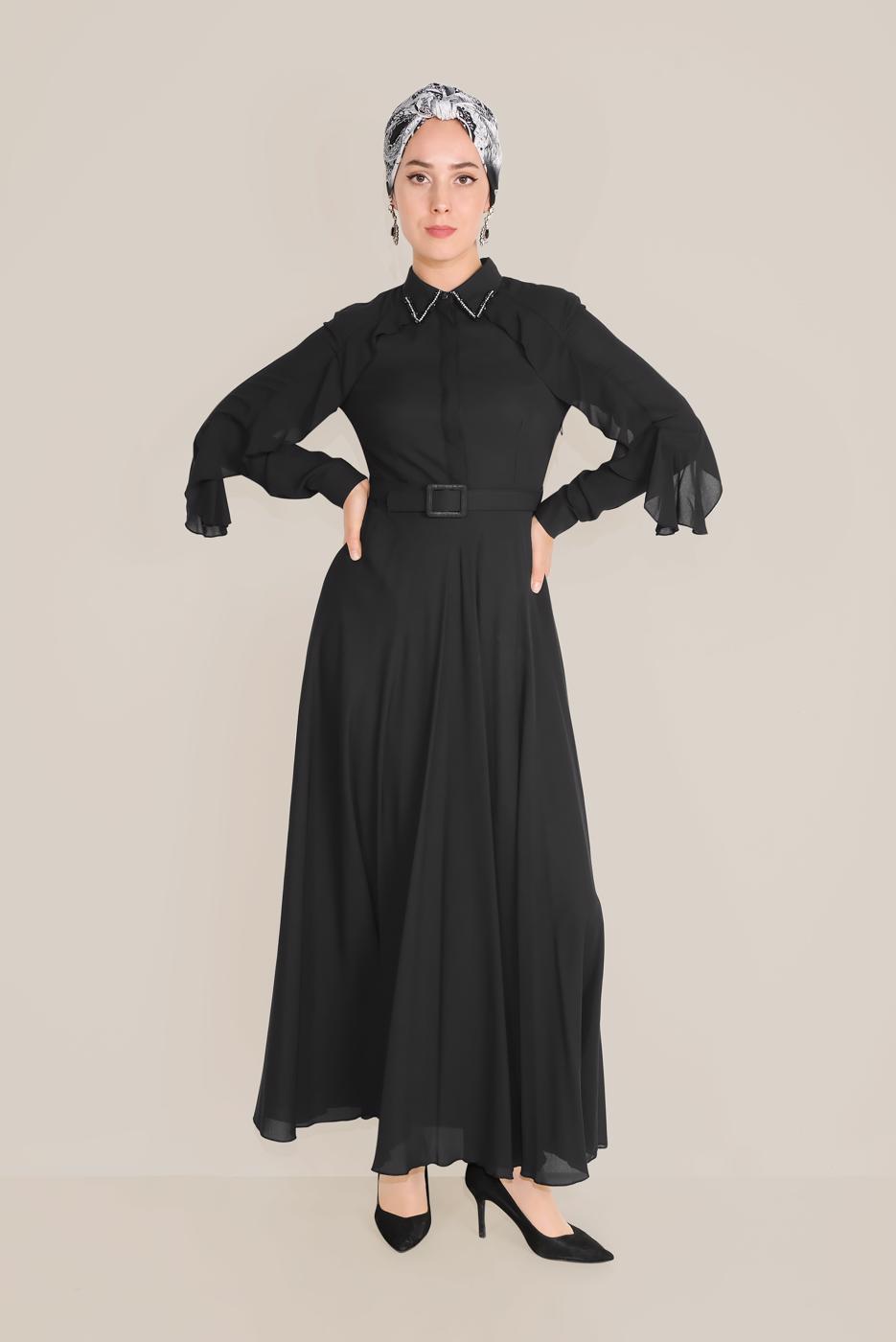 Tesettür giyim SİYAH ALVİNA KOLLARI VOLANLI ELBİSE 40649 