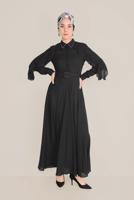 Tesettür giyim SİYAH ALVİNA KOLLARI VOLANLI ELBİSE 40649 