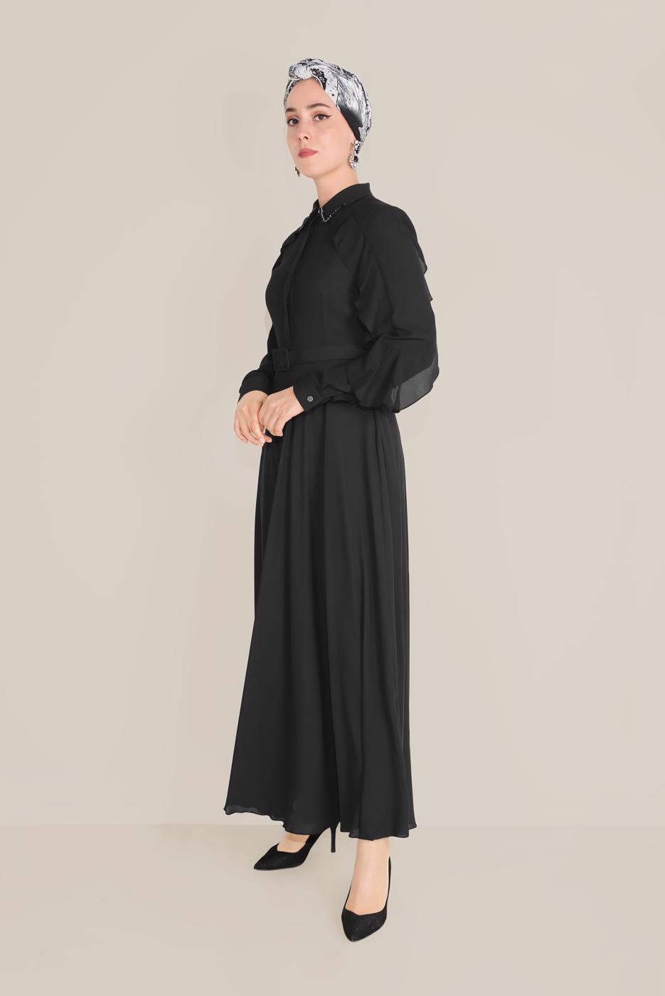 Tesettür giyim SİYAH ALVİNA KOLLARI VOLANLI ELBİSE 40649 