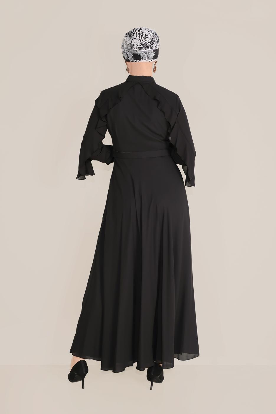 Tesettür giyim SİYAH ALVİNA KOLLARI VOLANLI ELBİSE 40649 
