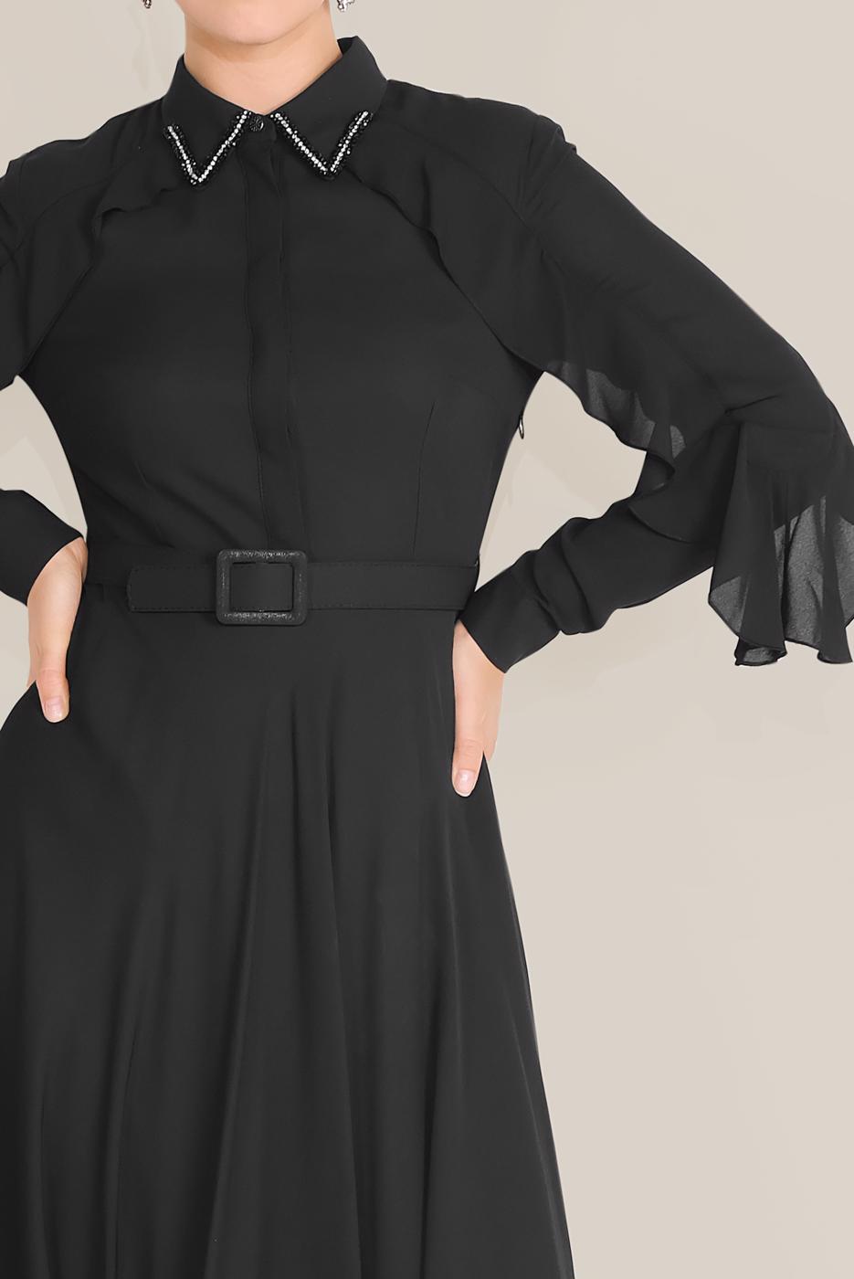 Tesettür giyim SİYAH ALVİNA KOLLARI VOLANLI ELBİSE 40649 