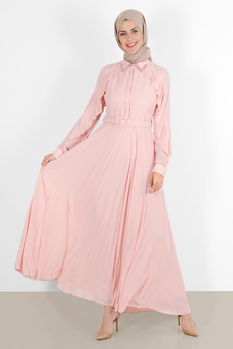 Tesettür giyim PUDRA ALVİNA KOLLARI VOLANLI ELBİSE 40649 