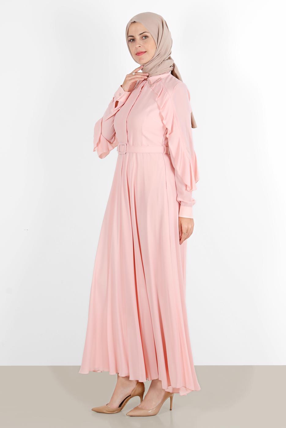 Tesettür giyim PUDRA ALVİNA KOLLARI VOLANLI ELBİSE 40649 