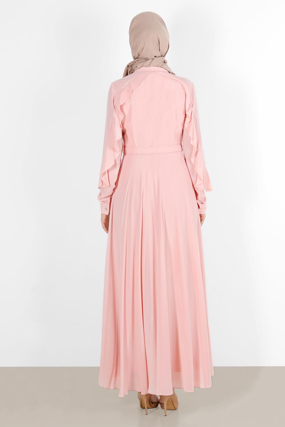 Tesettür giyim PUDRA ALVİNA KOLLARI VOLANLI ELBİSE 40649 