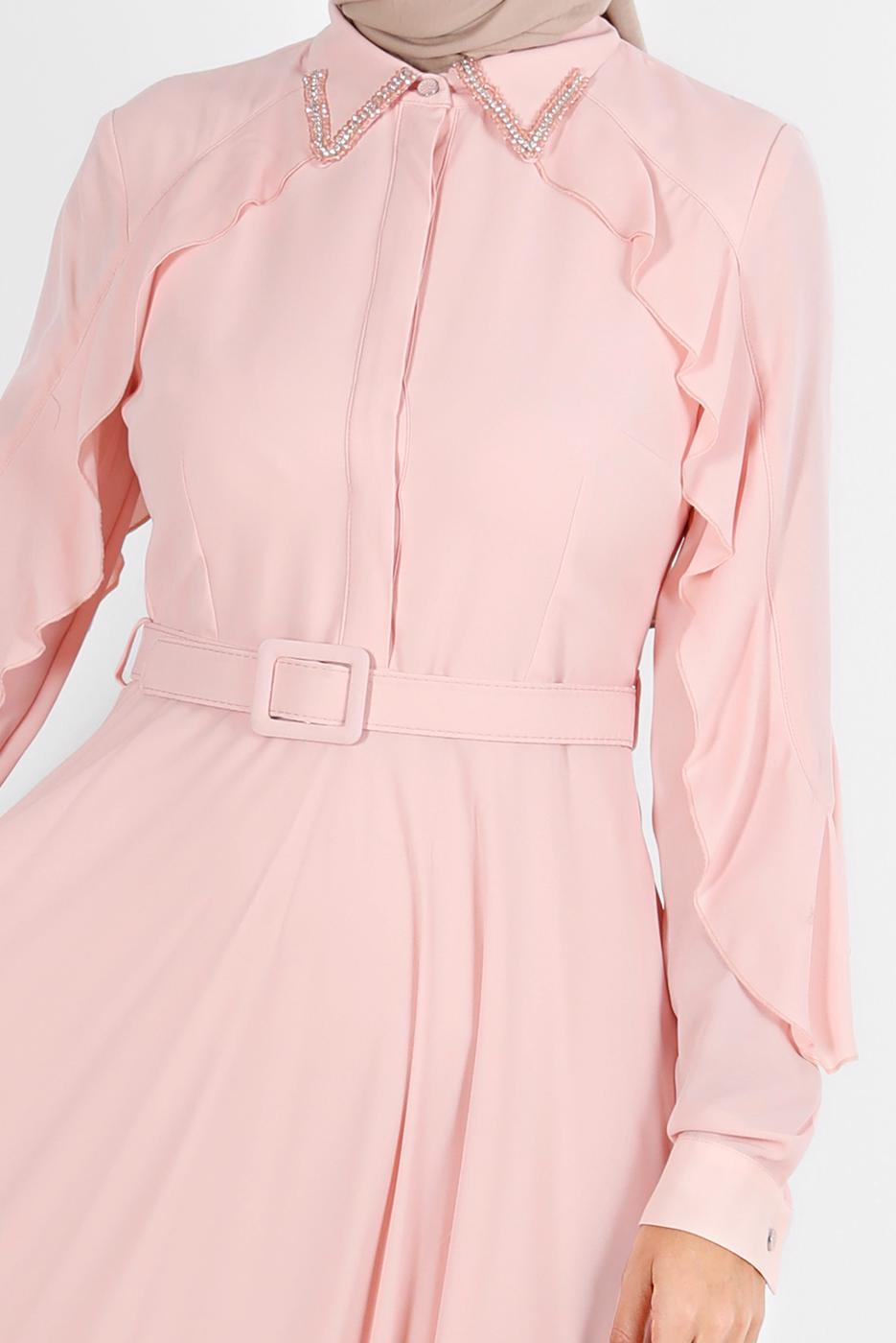 Tesettür giyim PUDRA ALVİNA KOLLARI VOLANLI ELBİSE 40649 