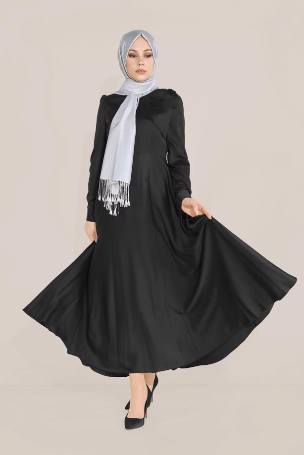 Tesettür giyim SİYAH ALVİNA FİYONK DETAYLI ELBİSE 40735 - TRENDTESETTÜR