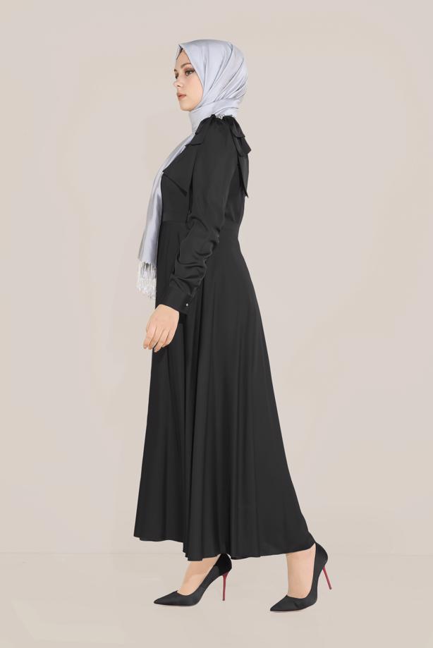 Tesettür giyim SİYAH ALVİNA FİYONK DETAYLI ELBİSE 40735 - TRENDTESETTÜR