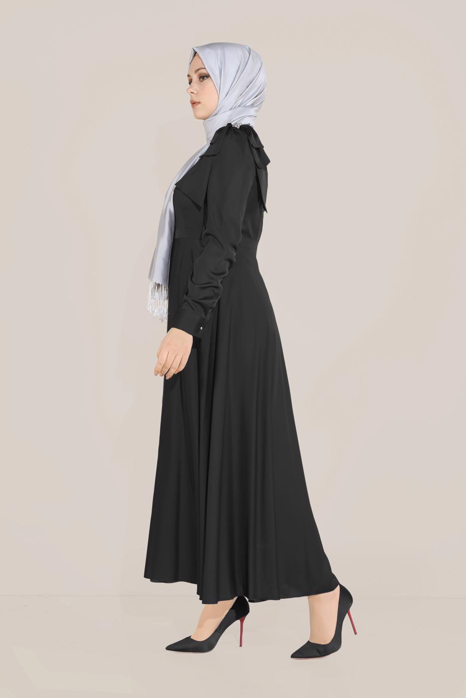 Tesettür giyim SİYAH ALVİNA FİYONK DETAYLI ELBİSE 40735