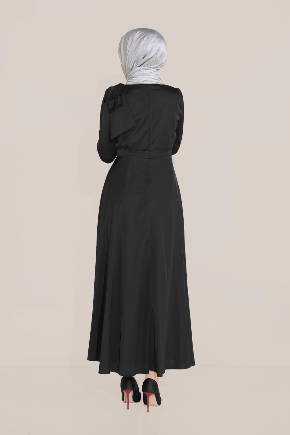 Tesettür giyim SİYAH ALVİNA FİYONK DETAYLI ELBİSE 40735